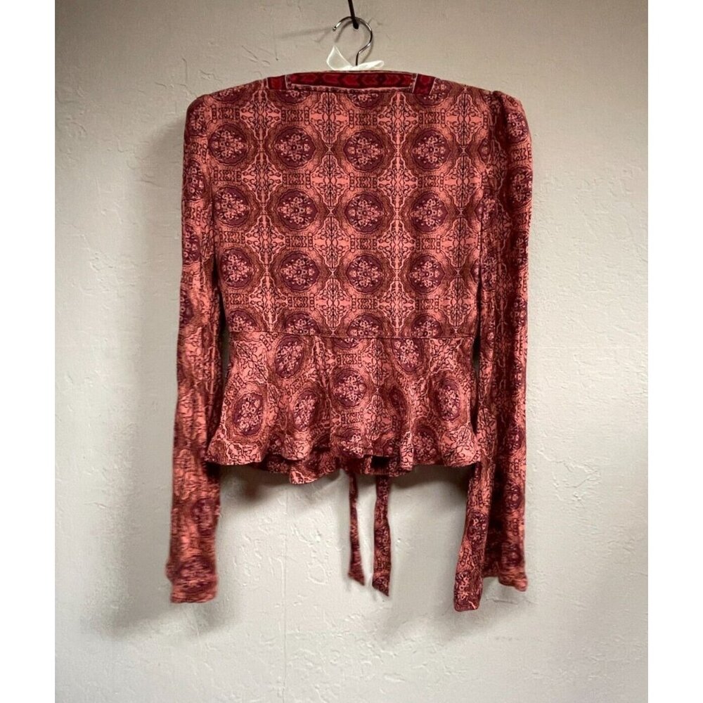 FREE PEOPLE 'time Of Your Life' Tie Front Bell Sleeve Top Blouse XS Coral Combo - Picture 2 of 7